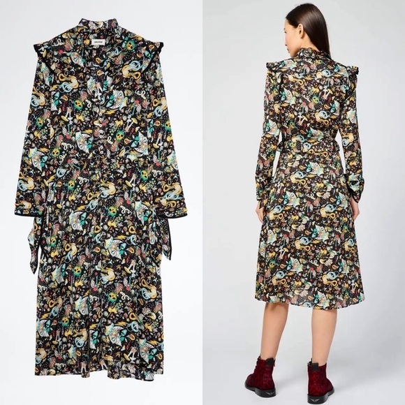 NEW ZADIG VOLTAIRE Circus Print Long Sleeve Tie Cuff Ruffled Button Up Dress XS - Picture 12 of 16